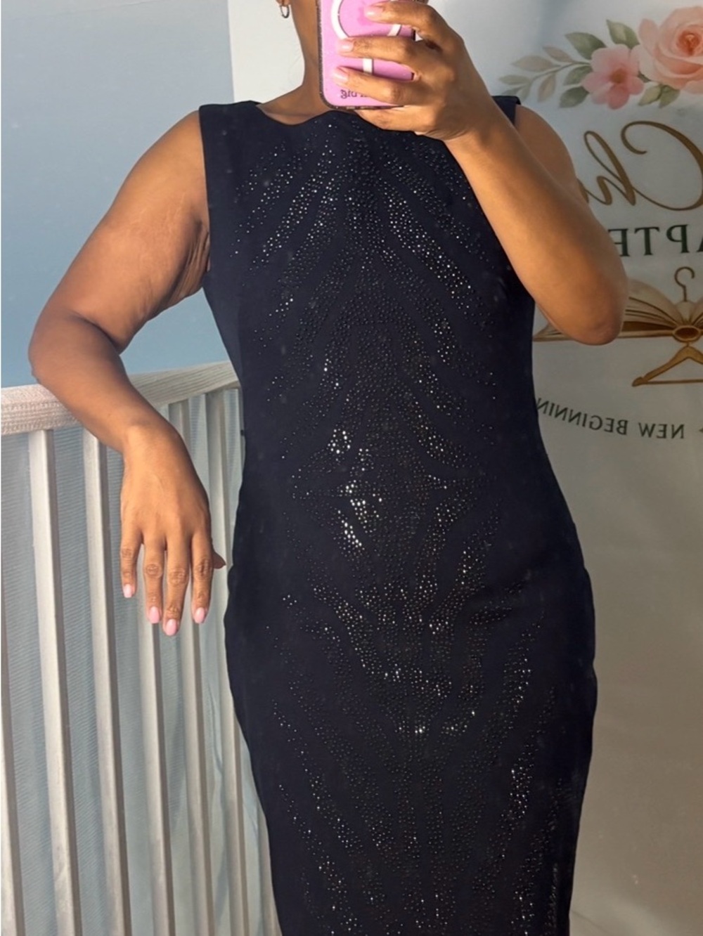 Cache Navy Sleeveless Sequin Midi Dress